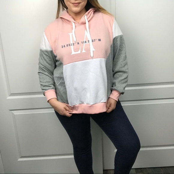 Pink gray and white LA graphic color block sweater - Picture 6 of 7